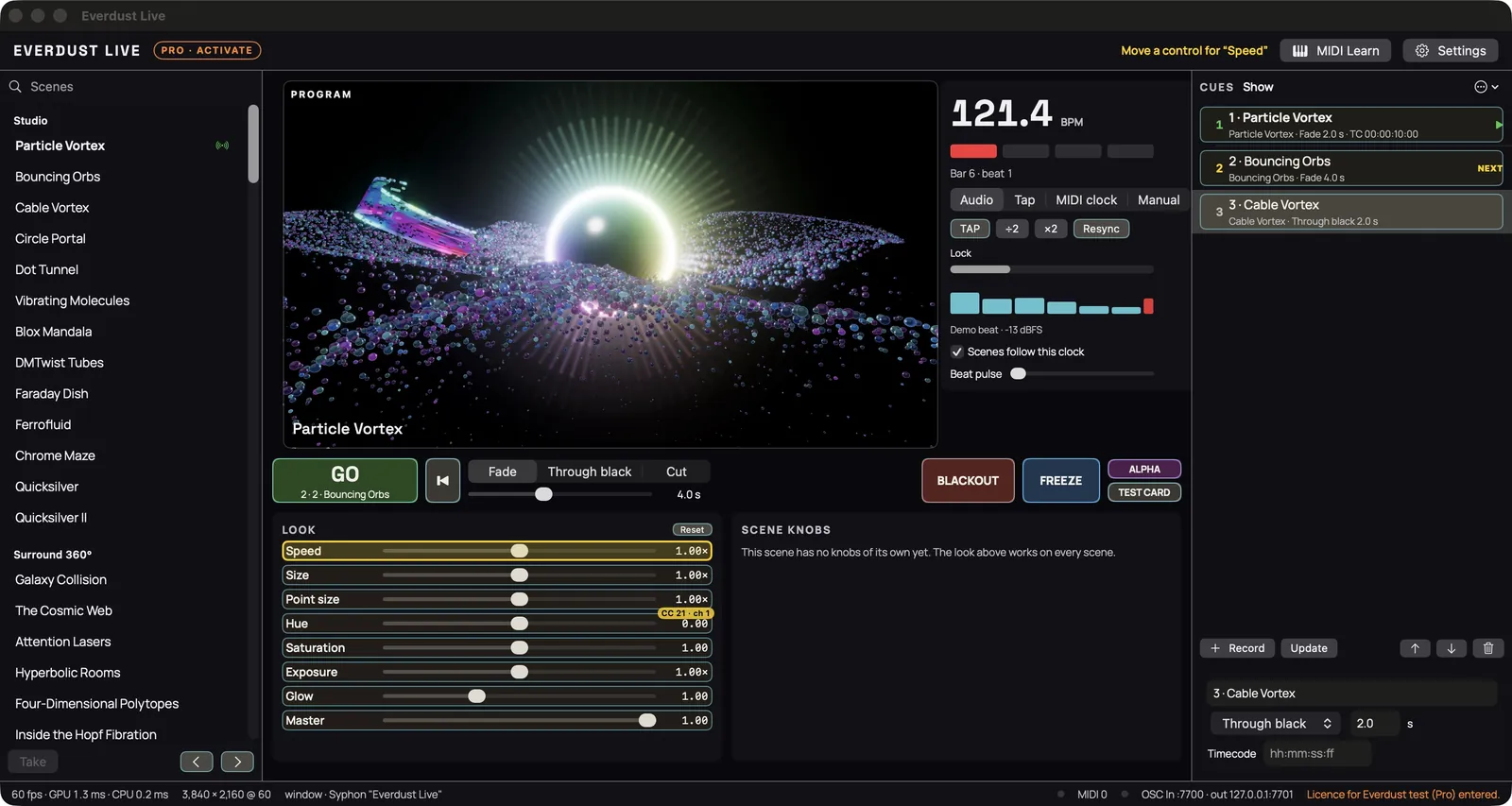 MIDI learn: the Speed fader is highlighted, waiting for a control; Hue is already mapped to CC 21
