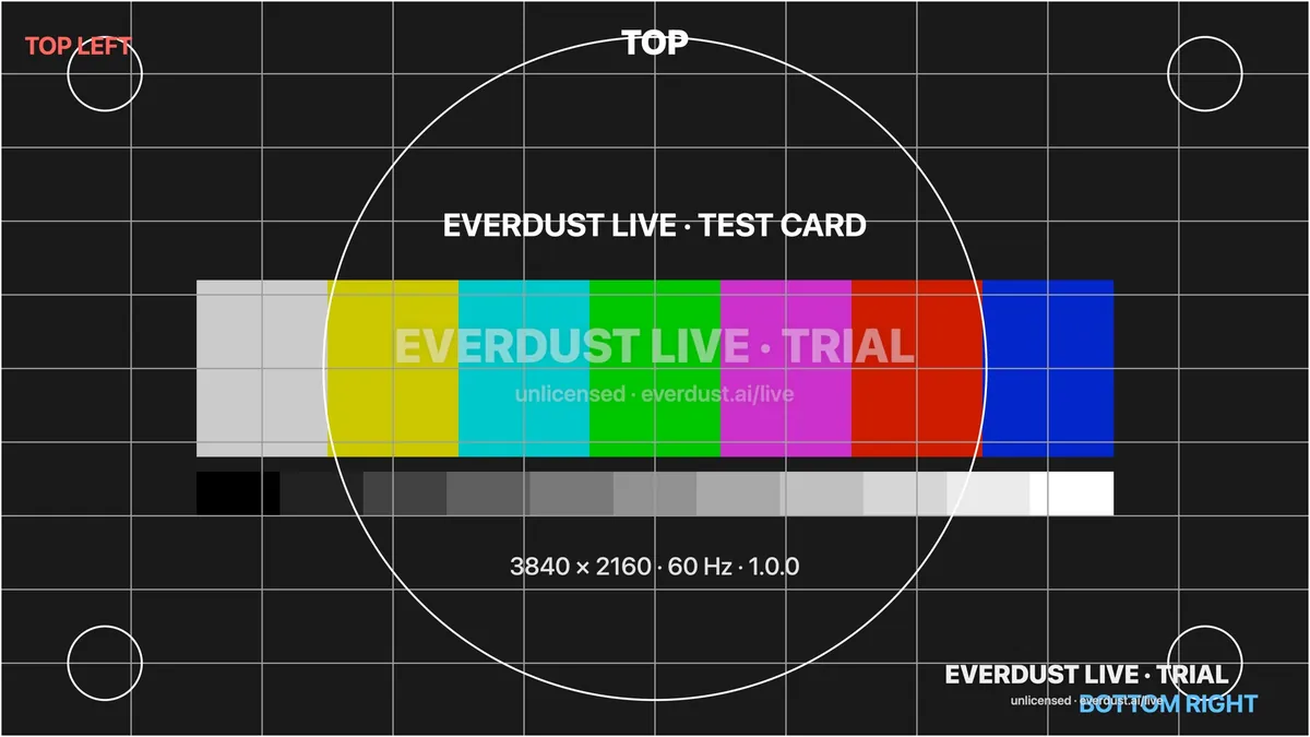 The test card: colour bars, greyscale, grid, circles and corner labels